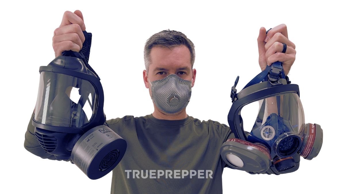 Sean Holding Mira CM-6M and Parcil PD-101 protective masks while wearing a N-99 mask.