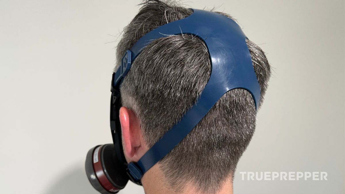View of back of Sean's head wearing a PD-101 mask with blue silicon head harness.