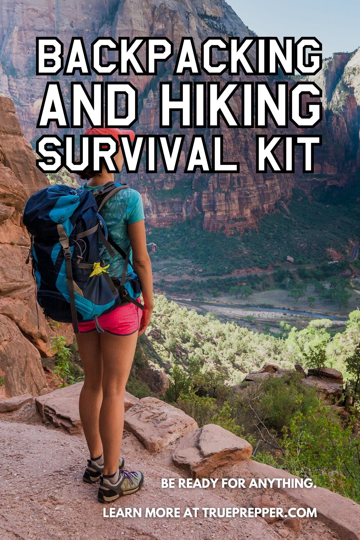 Backpacking and hiking survival kit in woman's backpack while hiking in a canyon.