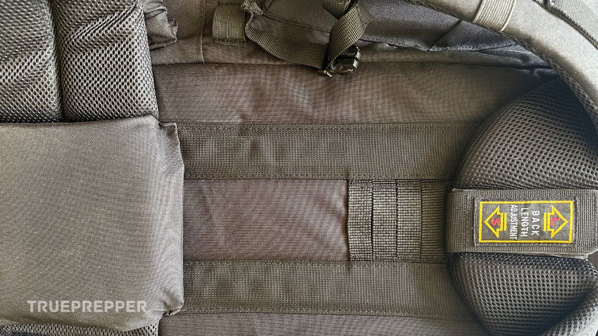 Back of Teton Scout showing the adjustable lumbar and shoulder positioning and spacer knit fabric.