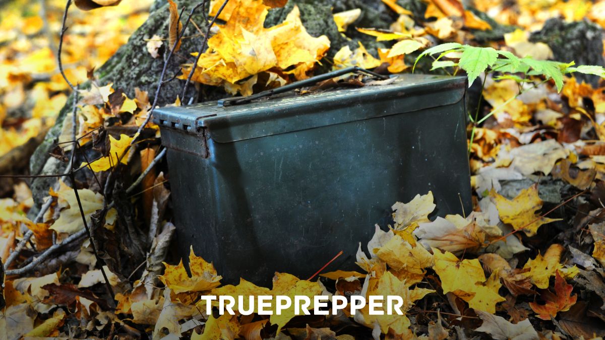 Survival cache ammo can about to be buried surrounded by fall leaves.