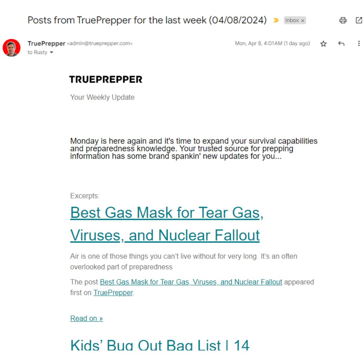 TruePrepper Newsletter Sample Email